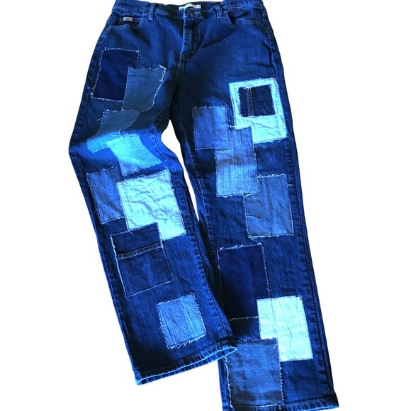 Boho Patchwork Jeans, Size 12: Upcycled Distressed Denim on Denim Hippie Pants - Picture 1 of 10